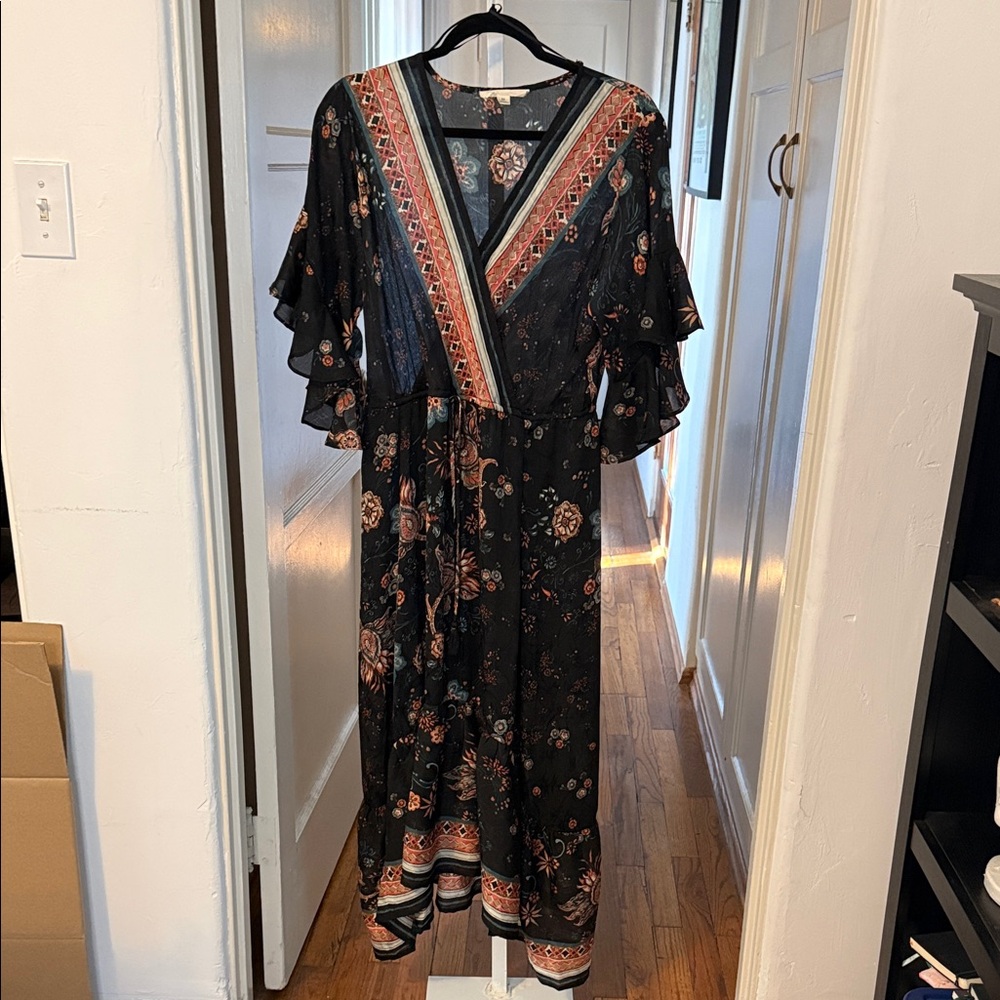 Lovestitch Boho Black Floral Maxi Dress with Ruffled Sleeves M
